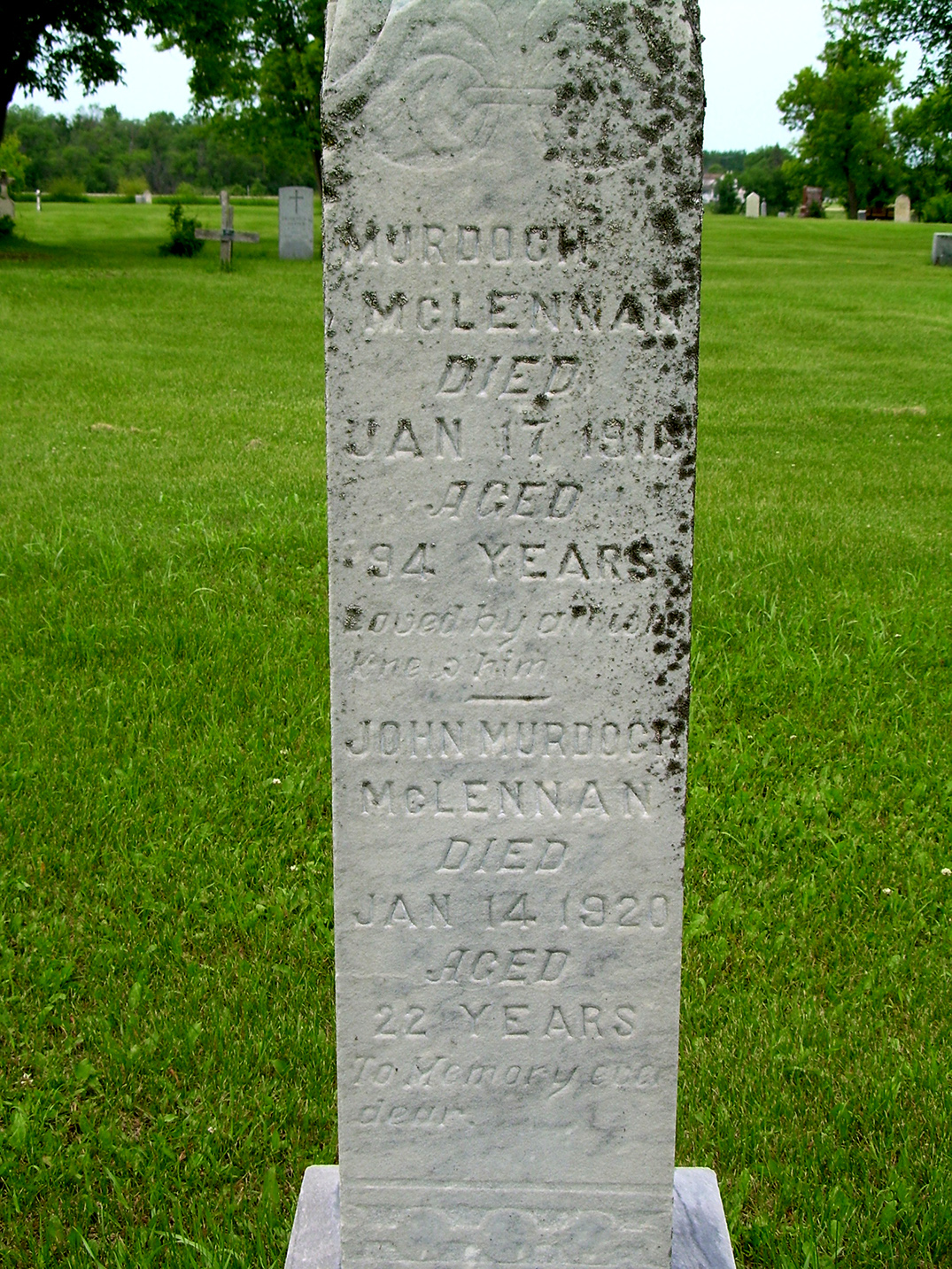 Photo of headstones/Murdoch McLennan d1916 hdstn St Peters Ang Ch cem Selkirk Man
